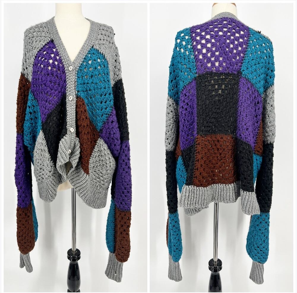 Handmade Patchwork Open Crochet Cardigan Sweater Hand Knit Oversized Purple Blue